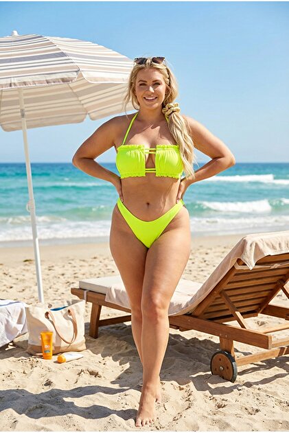 ELLA ページ hazelin Kadın Neon Yeşil İp Bağlamalı Büzgülü Straplez Bikini