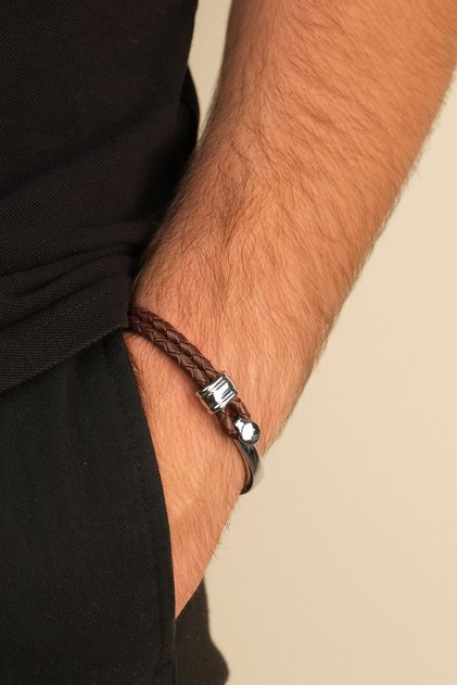 Men's Brown Braided Leather and Steel Handcuff Bracelet