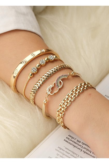 Women's Yellow Gold 5-Piece Combination Bracelet Set - Stylish and Modern