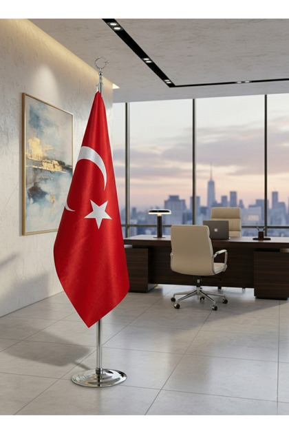Makam Bayrağı, Türk Bayrağı, Krom Direkli 245cm, Ofis Bayrağı, Flama, SİMSİZ Telalı Makam Bayrağı