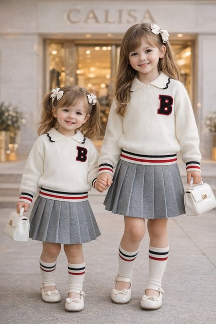 Girl's Knitwear Pleated Skirt Set | College Style | Eid 2-Piece Combination | 3-10 Years Old