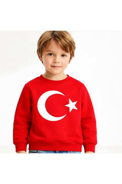 sweatshirt Ay Yıldız Bayrak Baskılı 23 Nisan Baskılı Pamuklu Kırmızı Çocuk sweatshirt