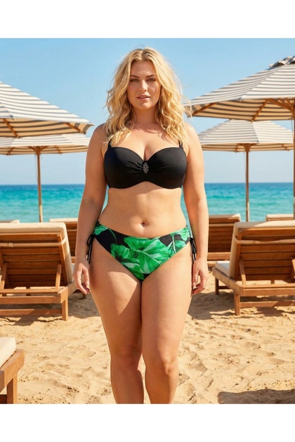 Kadın Siyah Toka Detaylı Yeşil Desen Bikini Takım HZL25S-LC3352
