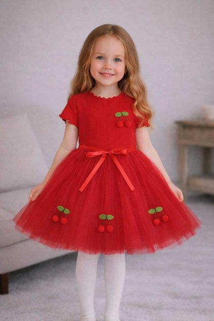 Lulu Cherry Short Sleeve Baby Girl Kids Cherry Fluffy Tutu Dress Princess Stretchy Lycra Red