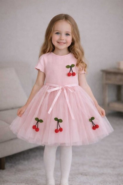 Lulu Cherry Short Sleeve Baby Girl Kids Cherry Fluffy Tutu Dress Princess Stretchy Lycra Pink