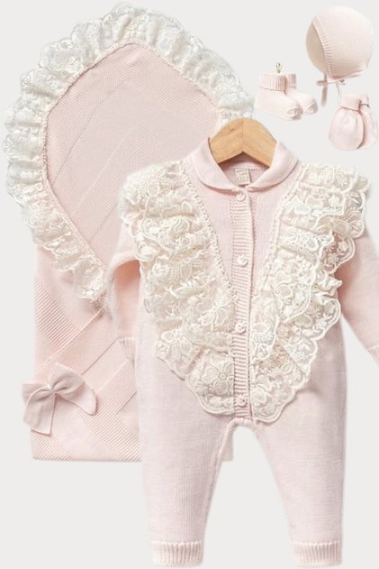 100% Cotton Baby Girl 5-Piece Hospital Discharge Set – Pink Lace Ruffle Blanket and Overalls