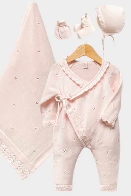 100% Cotton Baby Girl 5-Piece Hospital Discharge Set Pink Knitted Jumpsuit, Lace Blanket, Hat, Gloves Booties