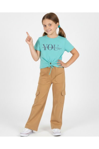 Girl 6-7-8-9-10 Years Old Summer Cargo Pocket Linen Pants Bottom Top Set