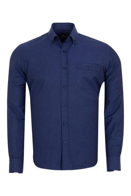 Men's Navy Blue Button down Collar Pocket Slim and Regular Fit Cotton Woven Long Sleeve Shirt