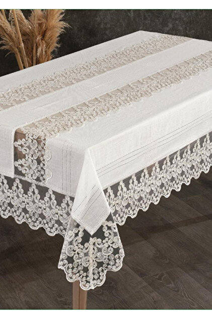 N3692   プレーンレースシェルディッシュ Sivalde New Jasmin Krem Kenarı Dantel Detaylı Dertsiz Kumaş Yemek