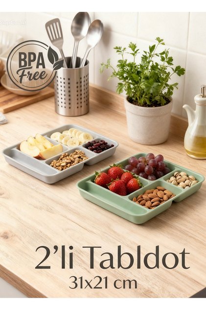 2'li Set 5 Bölmeli Tabldot Sunum Tabağı - BPA Free Çocuk Kahvaltı Diyet Tabağı Gri-Yeşil