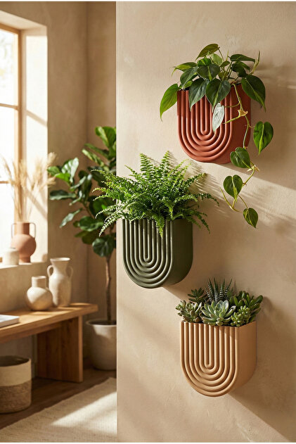 Puffin Design Wave 3'lü Duvar Saksı Seti (Bej, Terracotta, Zeytin