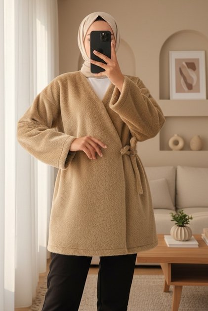 Yandan Bağlamalı Kruvaze Yaka Oversize Tesettür Kürklü Ceket -Vizon