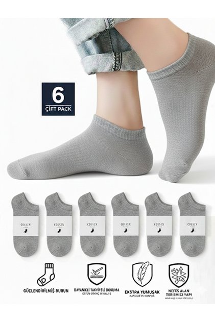 6-Piece Gray Unisex P Cotton Booties Socks Set Economic Package Daily Sports Cool Comfort