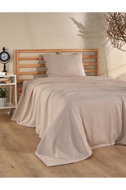 Single Beige Bedspread Set with 1 Pillowcase