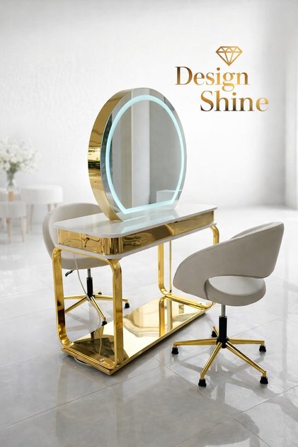 Tasarım Gold led ışıklı kuaför aynası ve 2 adet döner sandalye
