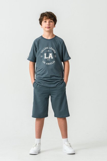College League Los Angels Printed Boys' Shorts with Side Piping and Snap Fasteners - T-Shirt Set