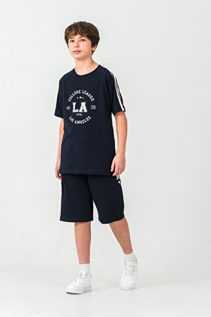 College League Los Angels Printed Boys' Shorts with Side Piping and Snap Fasteners - T-Shirt Set