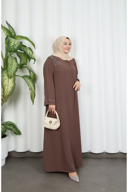 Plus Size Shoulder Stone Embellished Mother Dress Powder Hnt1002