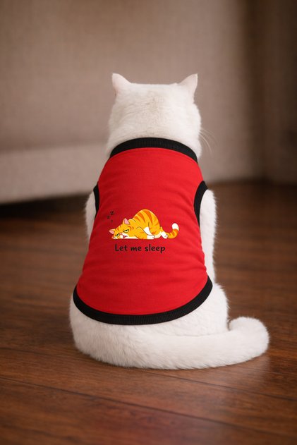Red Lazy Cat Printed Cat Tshirt Size L Cat Clothing (100% Cotton Combed)