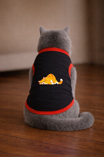 Black Lazy Cat Printed Cat Tshirt Size XS Cat Clothing (100% Cotton Combed)