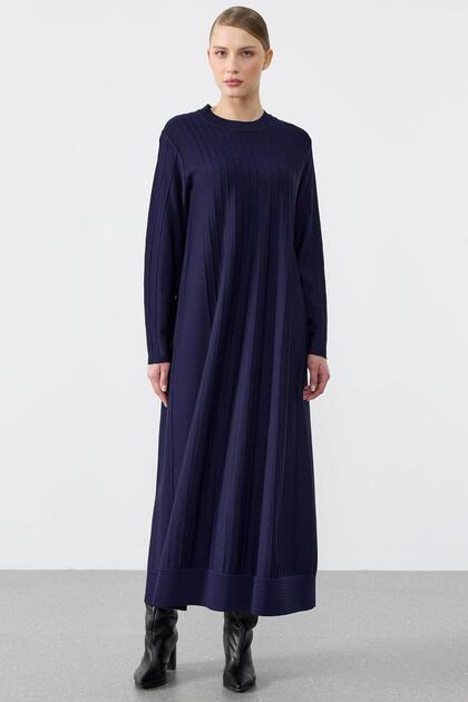 Ribbed Detailed Rayon Dress Dark Blue
