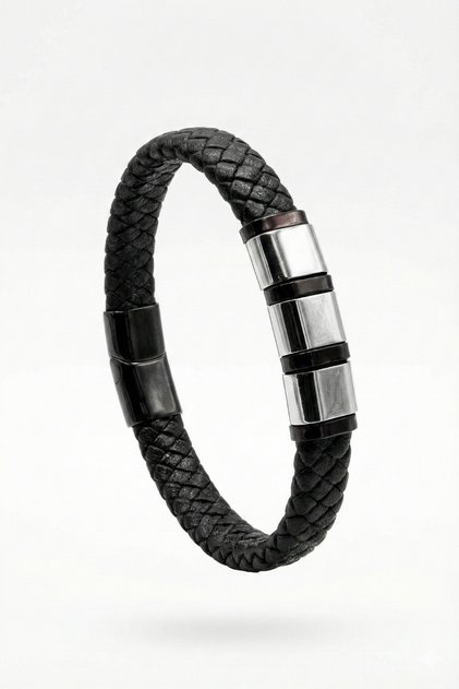 Men's Leather Bracelet Silver Color Gray Steel Detailed Black Hair Braid Leather Steel Lock Bracelet