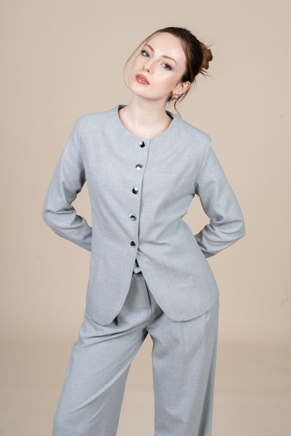 Women's Winter Gray Melange Round Neck Jacket and High Waist Wide Leg Pants Set Casual Daily Office Stylish 1287