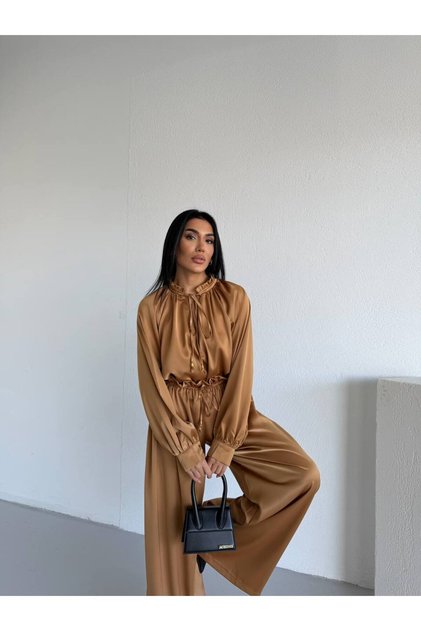 Premium Satin Silk Fabric Double Set Lace-Up Blouse Bo Wide-Leg Antolon Set