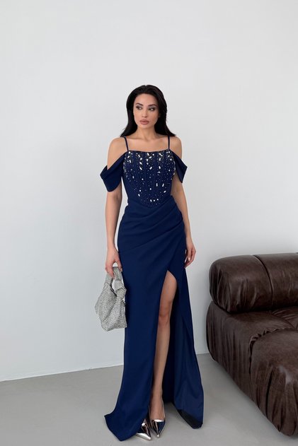 Navy Blue Thin Strap Low Sleeve Stone Embroidered Evening Dress