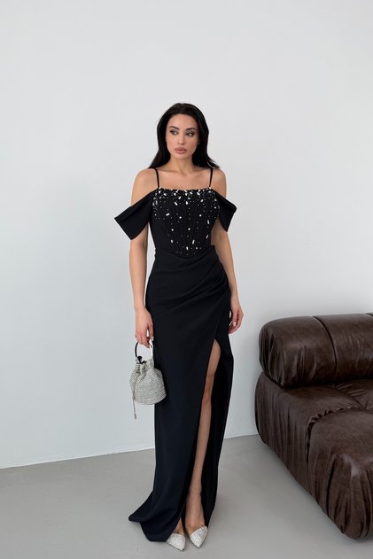 Black Thin Strap Low Sleeve Stone Embellished Evening Dress