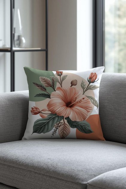 Peach Hibiscus Floral Decorative Throw Pillow Cover - 43 X 43 cm Double Sided Printed Modern Bohemian