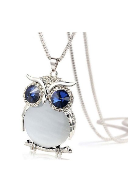 Lant dama, pandativ bufnita cu cristale, argintiu cu cristal alb, simbol Feng Shui, EFAYN