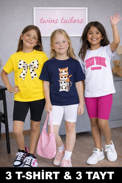 Girl's 3-Piece Summer T-Shirt and Leggings Set Cotton Bow and Cat Printed Casual Top and Bottom Set