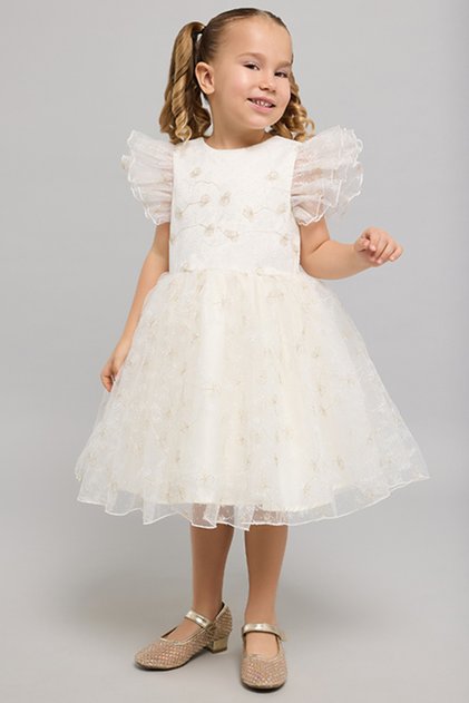 Embellished Fit & Flare Dress With Crew Neck And Flutter Sleeves