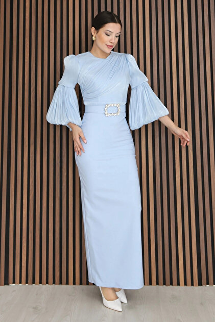 lodmela Chest Gathered Detailed Balloon Sleeve Pencil Midi Dress
