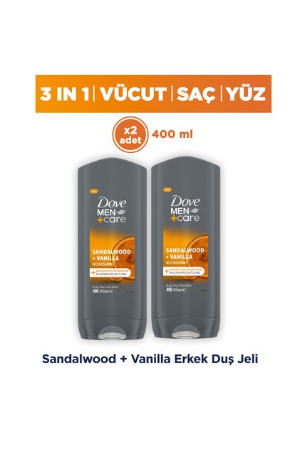 Men +Care Duş Jeli Body, Face&Hair Sandalwood +Vanilla 400 ml x2