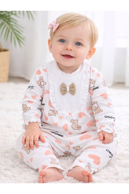 Baby Girl Heart Teddy Bear Patterned Jumpsuit with Bow Long Sleeve Cotton