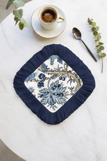 Luxurious Botanical Fringed Stylish Serving Napkin - Elegant Natural Bohemian Blue Navy Blue Coffee Tray Napkin