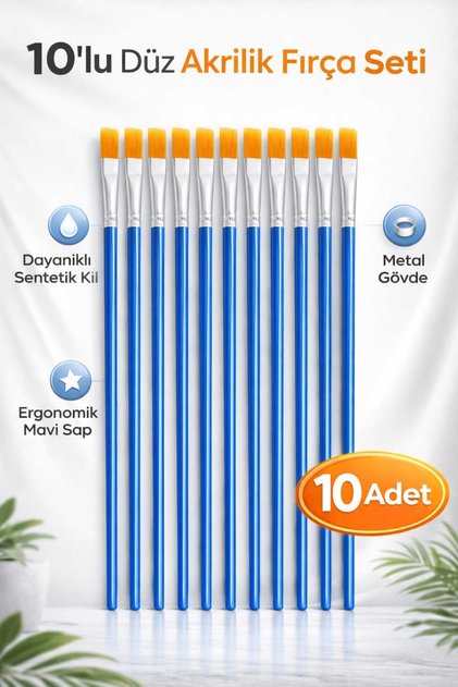 10’lu Düz Akrilik Fırça Seti – Ergonomik Mavi Sap, Dayanıklı Sentetik Kıl -(KARIŞIK RENK GÖNDERİLİR)-