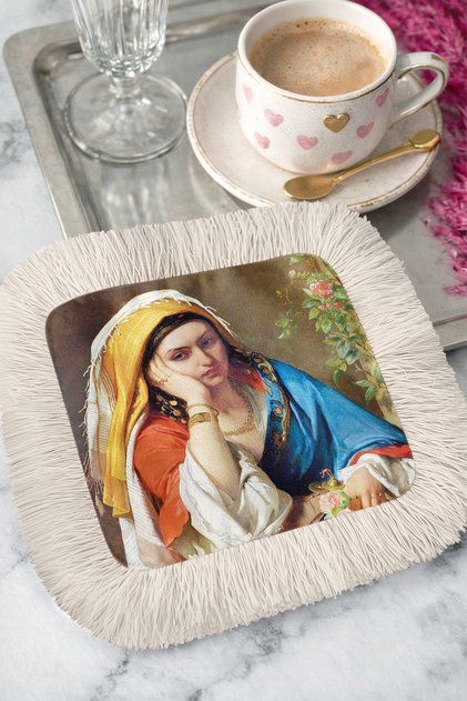 Classic Ottoman Women's Portrait Tasseled Presentation Napkin - Elegant Vintage Ethnic Beige Coaster Handkerchief