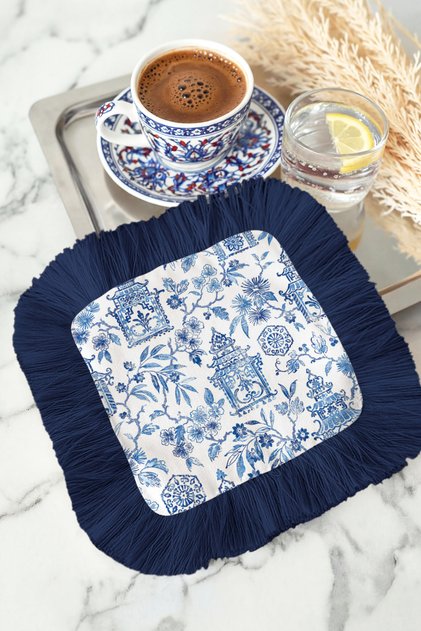 Elegant Chinese Motif Fringed Stylish Serving Napkin - Chinoiserie Ethnic Navy Blue Under-Coffee Tray Napkin