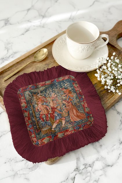 Elegant Palace Fringed Presentation Decoration Handkerchief - Romantic Vintage Classic Burgundy Coffee Side Napkin