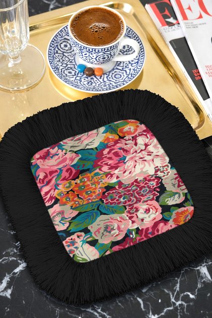 Stylish Flower Garden Fringed Presentation Napkin - Colorful Spring Bohemian Black Fringed Coffee Presentation Napkin