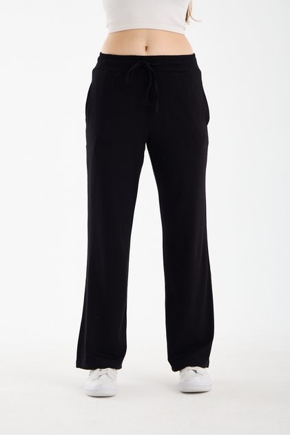 Women's Black High Waist Wide Leg Elastic Lace-Up Comfortable Fit Casual Palazzo Trousers - H5990