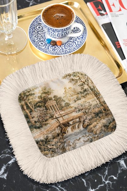 Classic Stylish Fringed Coffee Side Serving Napkin - Nostalgic Garden View Vintage Beige Presentation Napkin