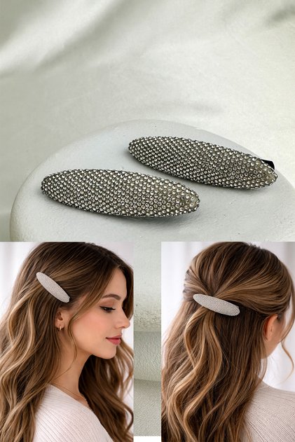 Accesoriu de păr oval decorat cu piatră, agrafă dublă laterală (6cm)