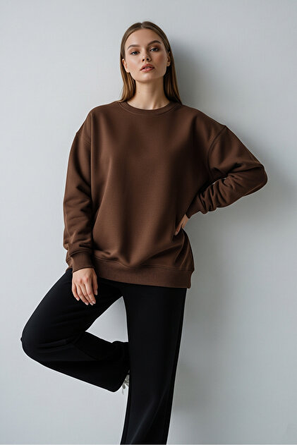 Kadın Oversize Bisiklet Yaka Basic Sweatshirt KAHVERENGİ