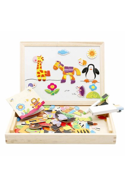 Tabla Magnetica Educativa din Lemn 3 in 1, Montessori, Puzzle Magnetic, Tabla cu doua fete, 60+Piese