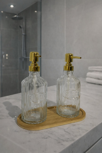 Glass Liquid Soap Dispenser with Bamboo Base, 2 Pieces